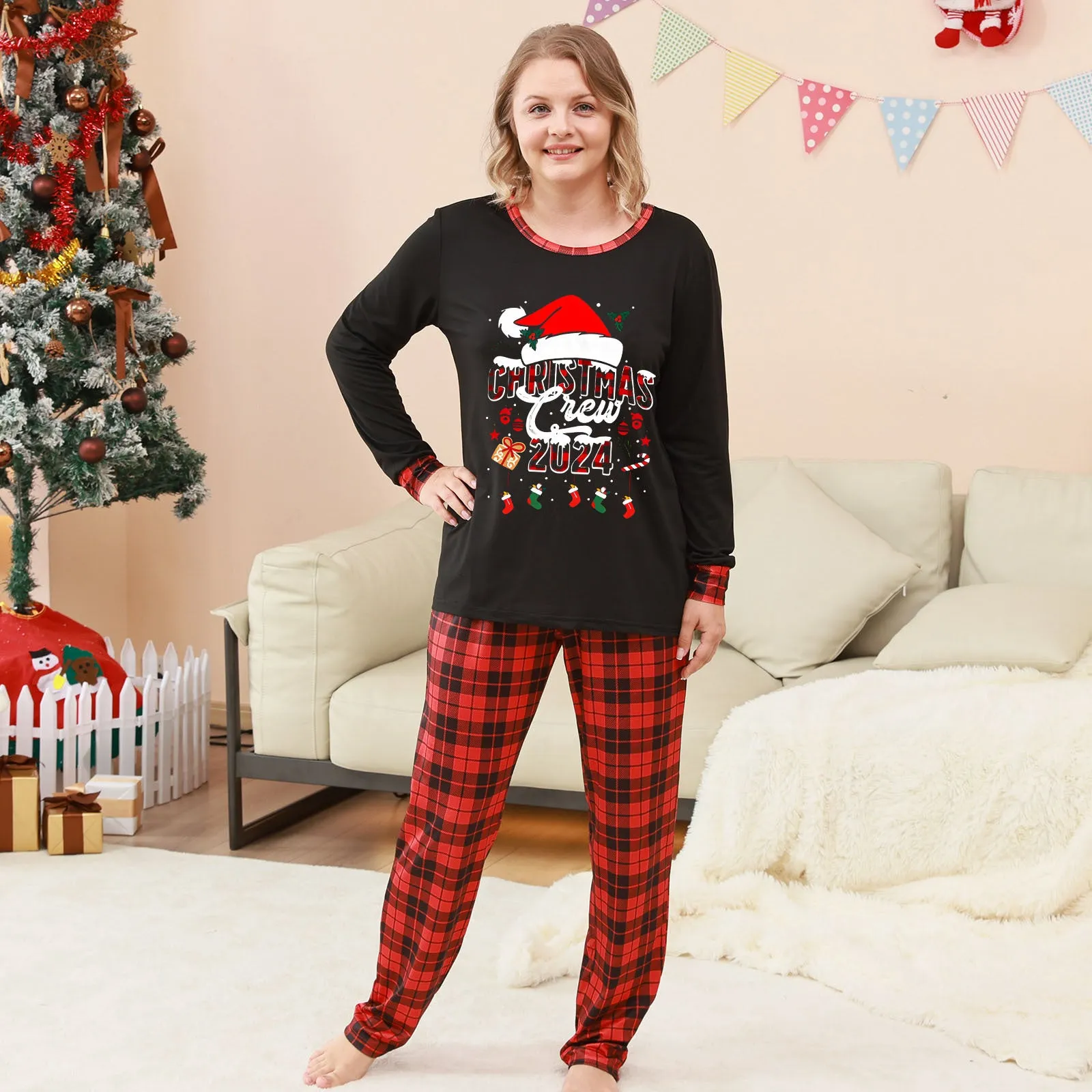 2024 Christmas Plaid Patchwork Print Parent-Child Set