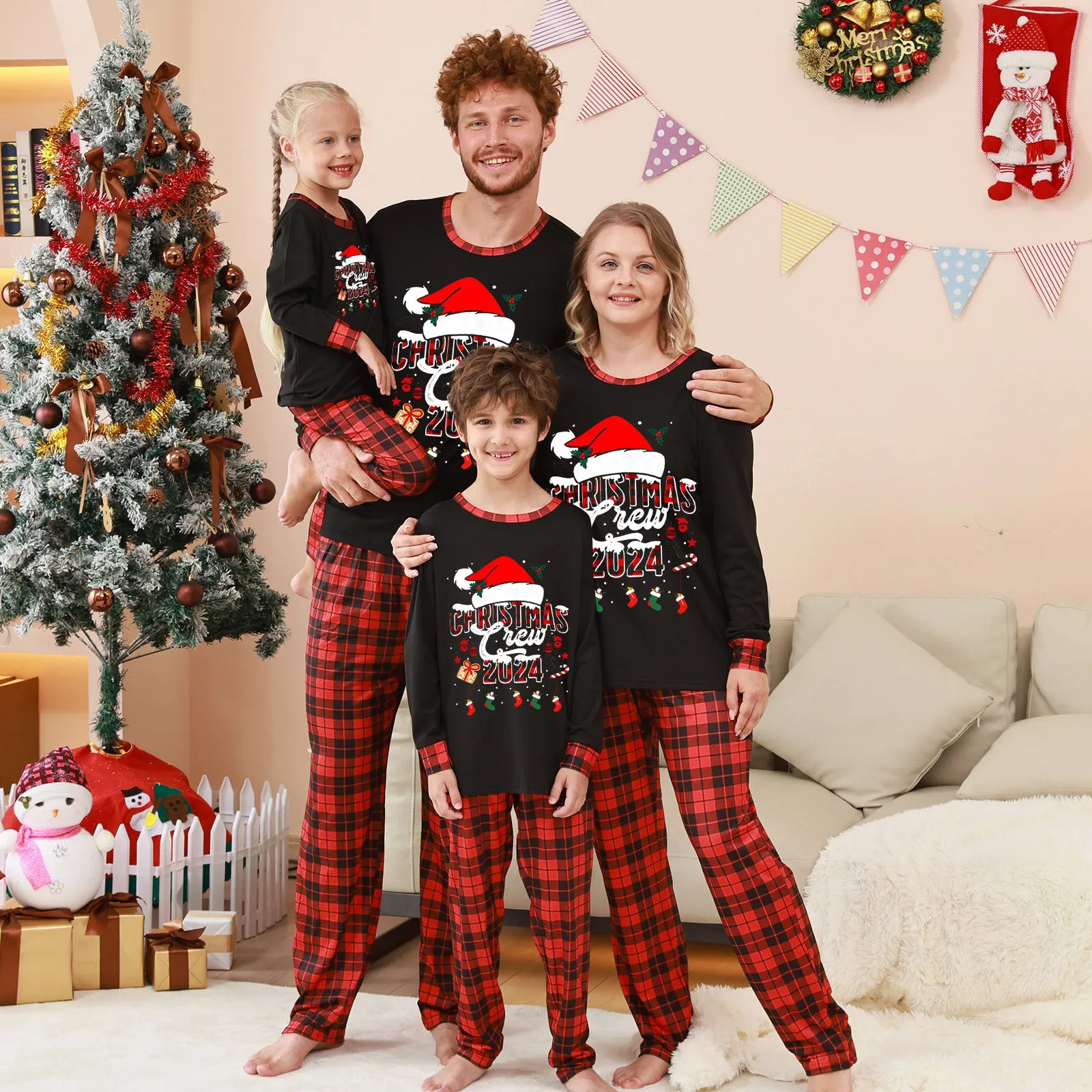 2024 Christmas Plaid Patchwork Print Parent-Child Set