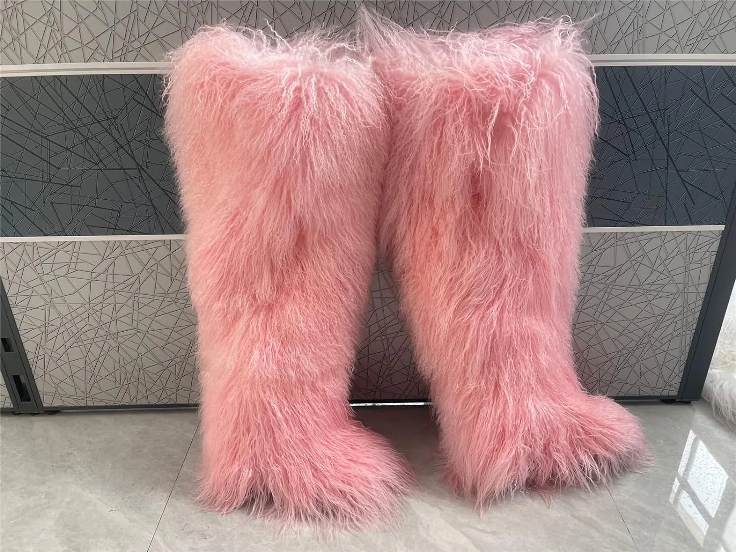 Big Fluffy Thigh Boot For Women Up To The Thigh With Real Mongolian Lamb Fur Long Curly Hair Fur All Over Warm Furry Snow Booties Sexy Hairy Skinning Boots