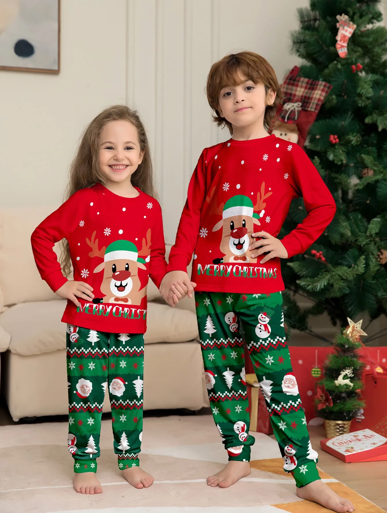 Cartoon Fawn Snowman Christmas Printed Parent-Child Pajama Set