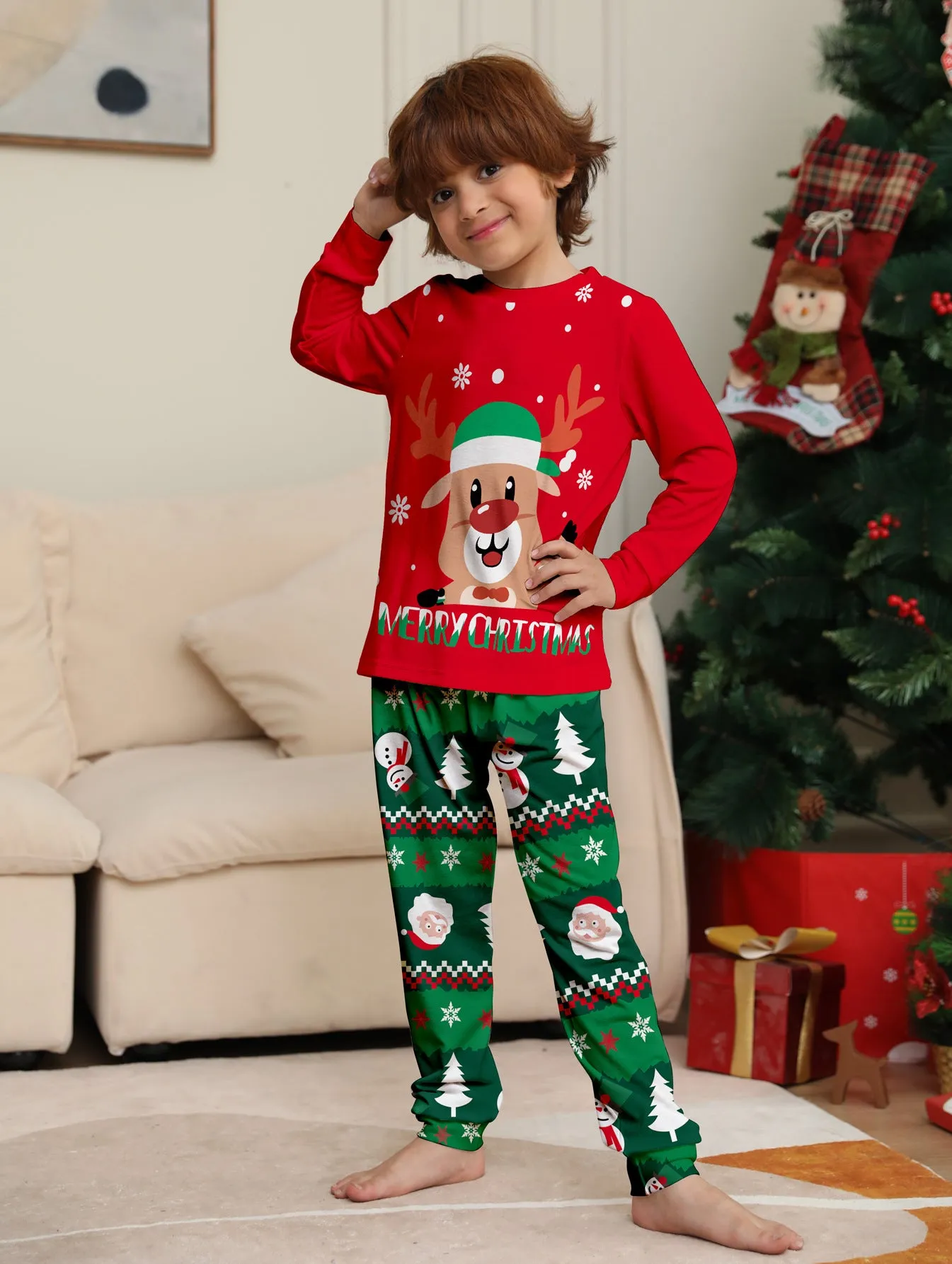 Cartoon Fawn Snowman Christmas Printed Parent-Child Pajama Set