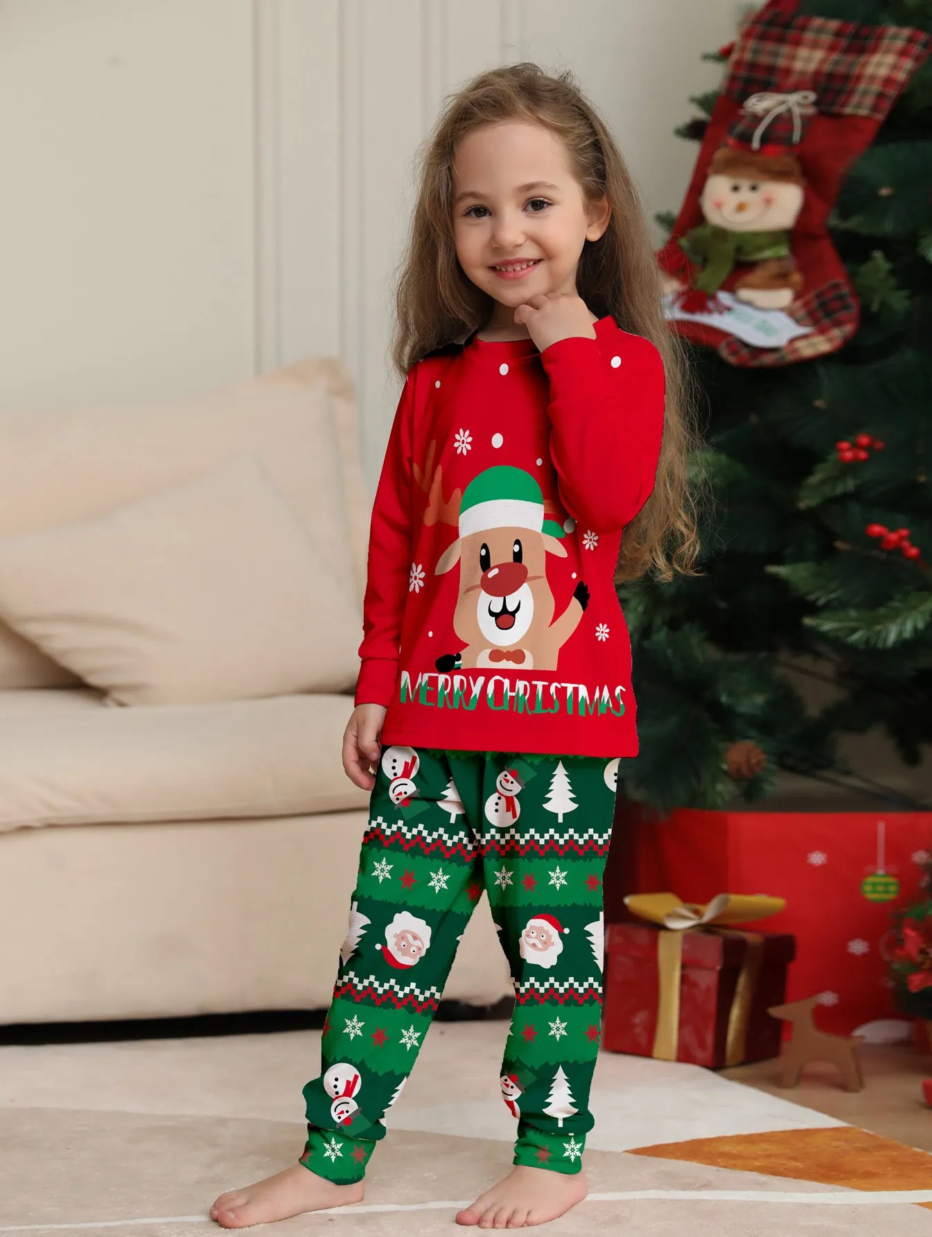 Cartoon Fawn Snowman Christmas Printed Parent-Child Pajama Set