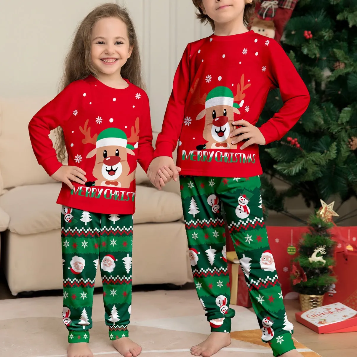 Cartoon Fawn Snowman Christmas Printed Parent-Child Pajama Set