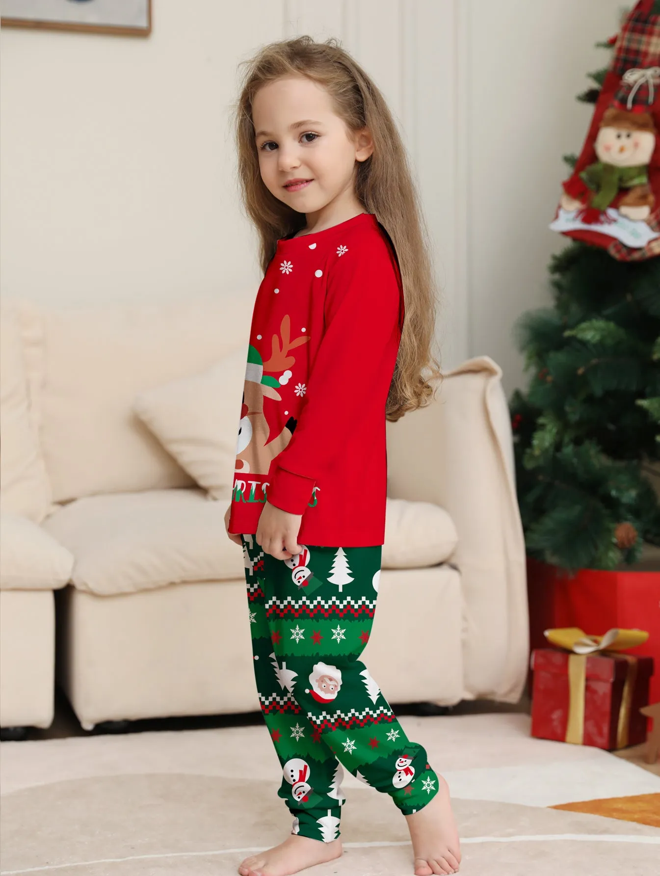 Cartoon Fawn Snowman Christmas Printed Parent-Child Pajama Set