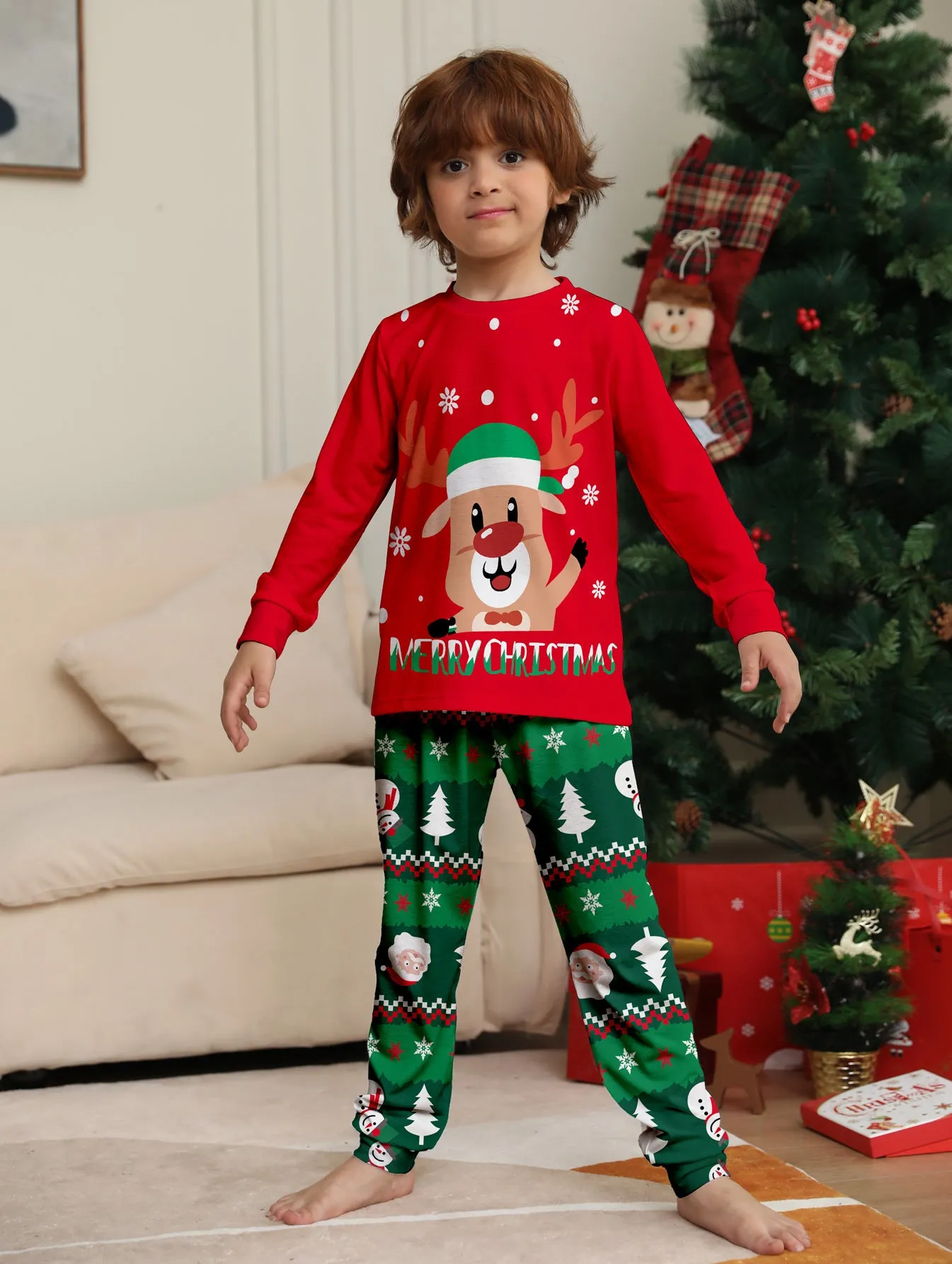 Cartoon Fawn Snowman Christmas Printed Parent-Child Pajama Set