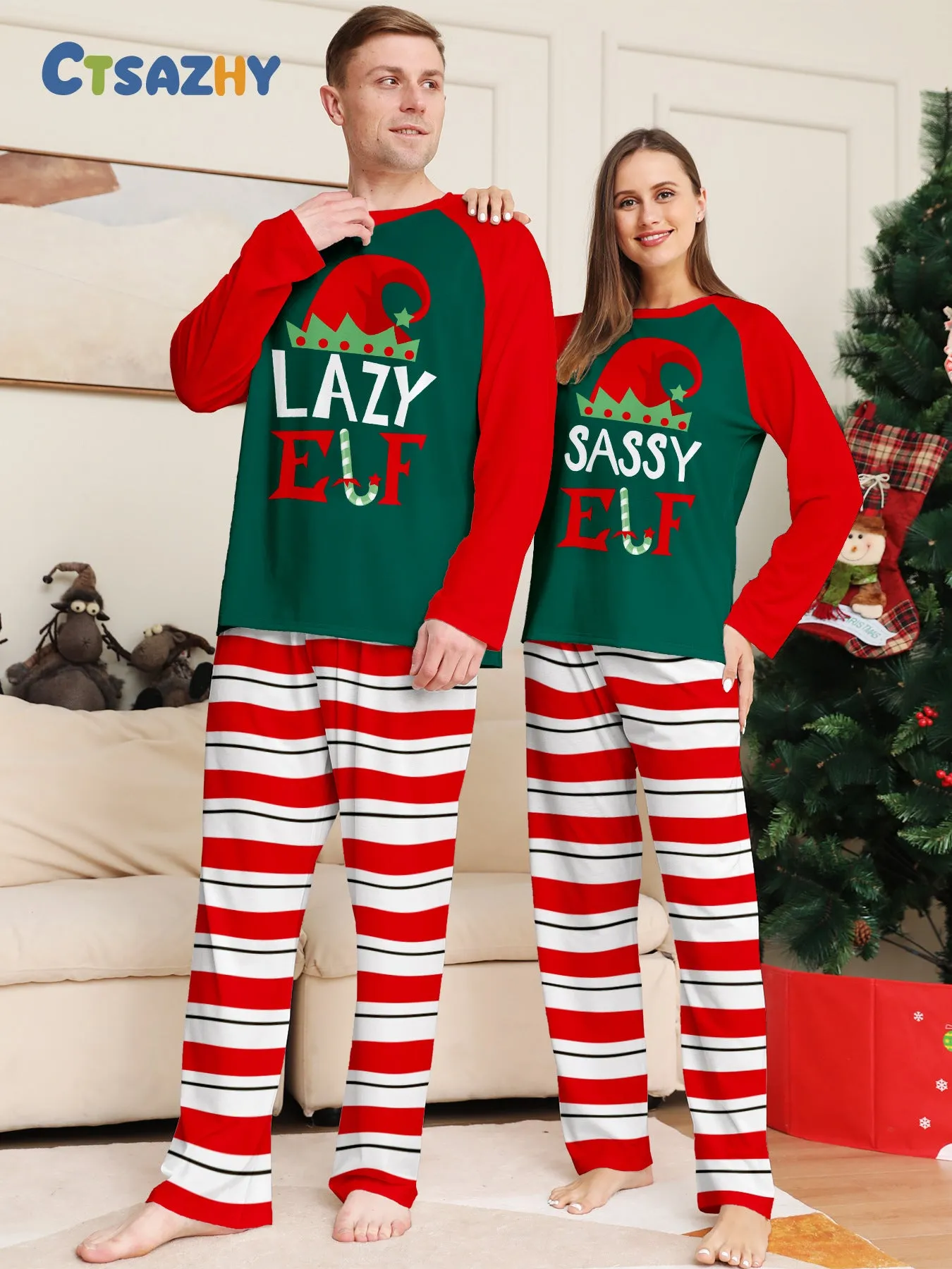 Christmas Hat ELF Printed Stripe Parent-Child Matching Pajamas