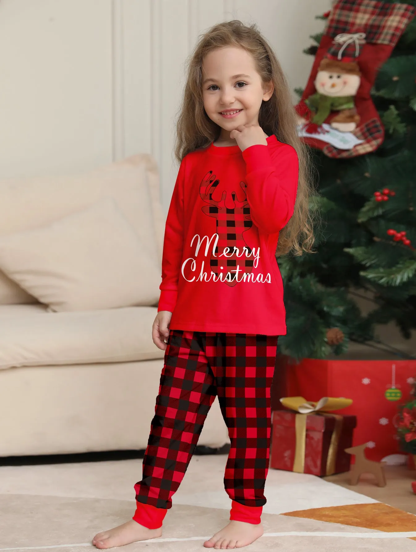 Christmas Holiday Parent-Child Casual Plaid Set with Elk Monogramming