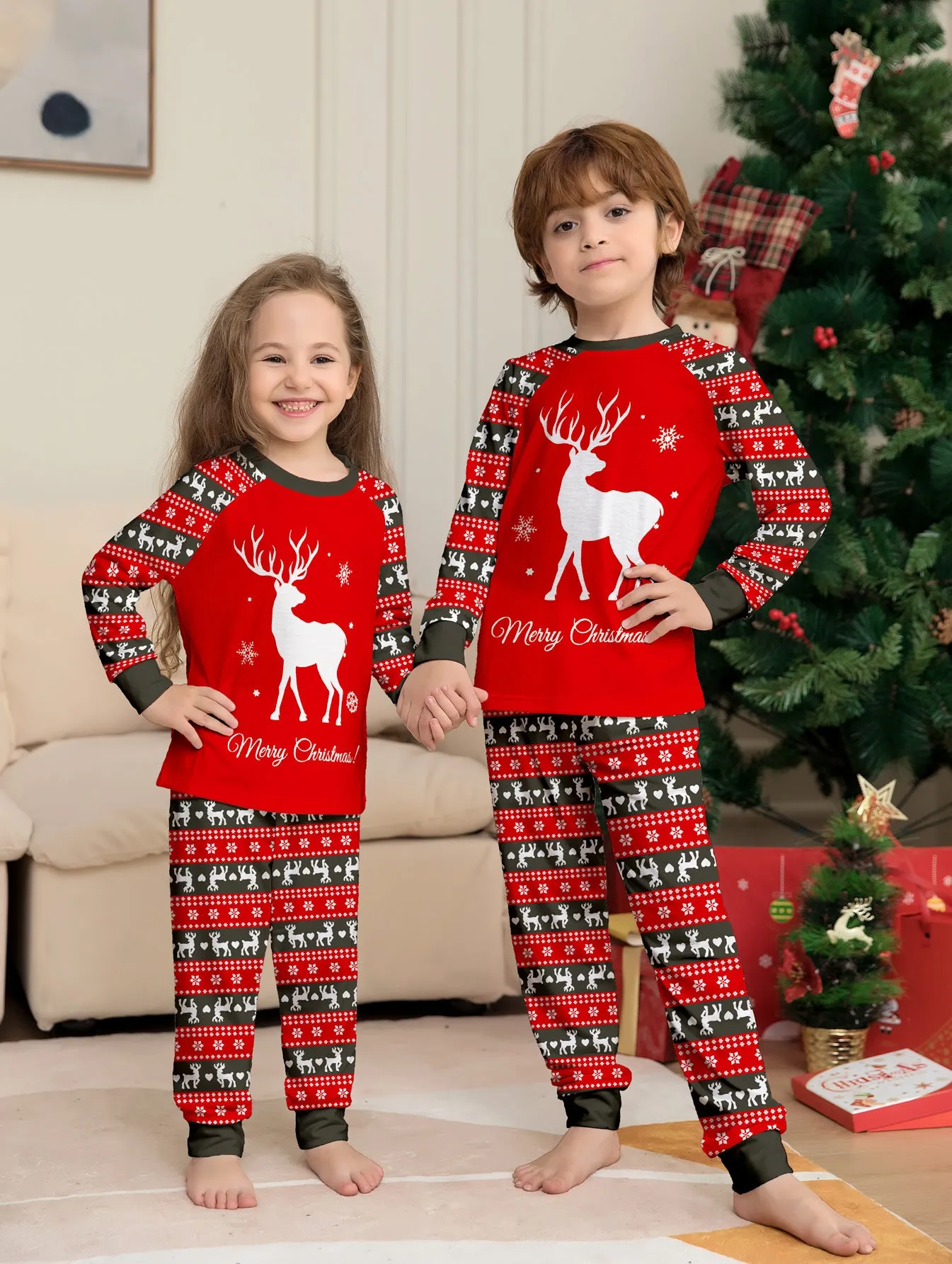 Family Parent-Child White Fawn Printed Pajamas Set