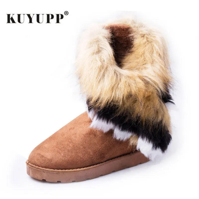 KUYUPP Women Flat Ankle Snow Boots Fur Boots Winter Warm Snow Shoes Round-toe Female Flock Leather Women Shoes DX910