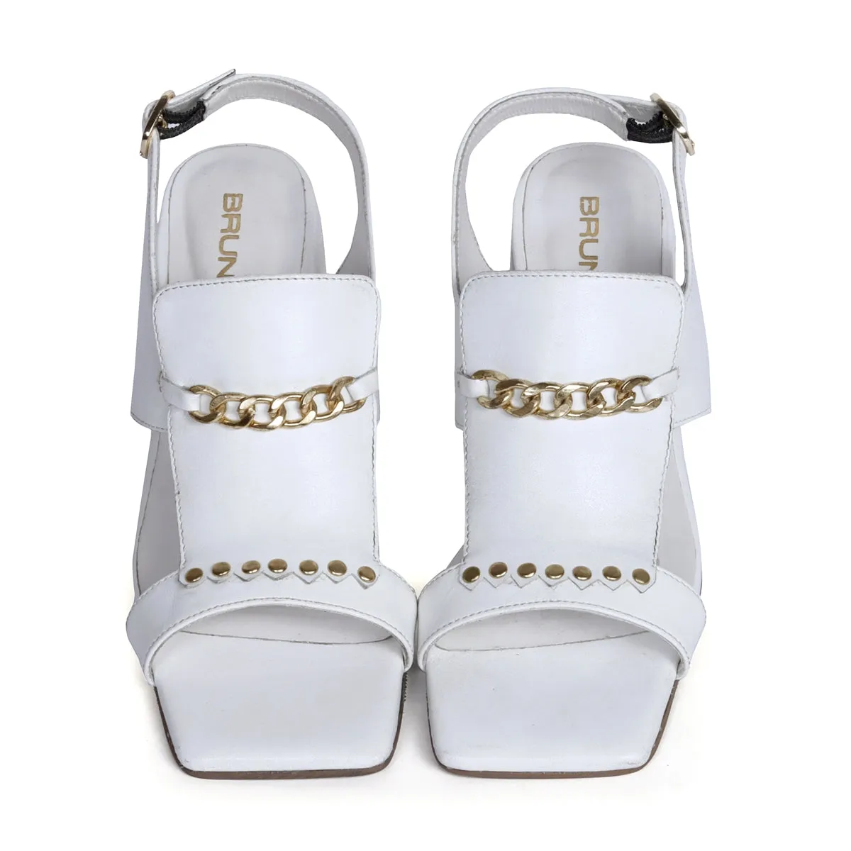 Light Weight Golden Chain Buckle Closure White Blocked Heel Sandals By Brune & Bareskin