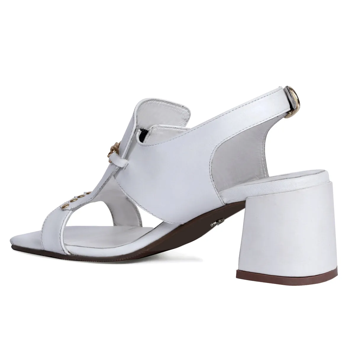 Light Weight Golden Chain Buckle Closure White Blocked Heel Sandals By Brune & Bareskin