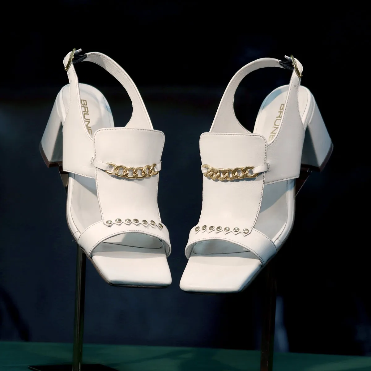 Light Weight Golden Chain Buckle Closure White Blocked Heel Sandals By Brune & Bareskin