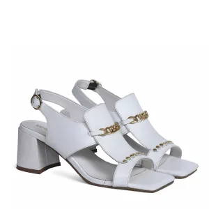 Light Weight Golden Chain Buckle Closure White Blocked Heel Sandals By Brune & Bareskin