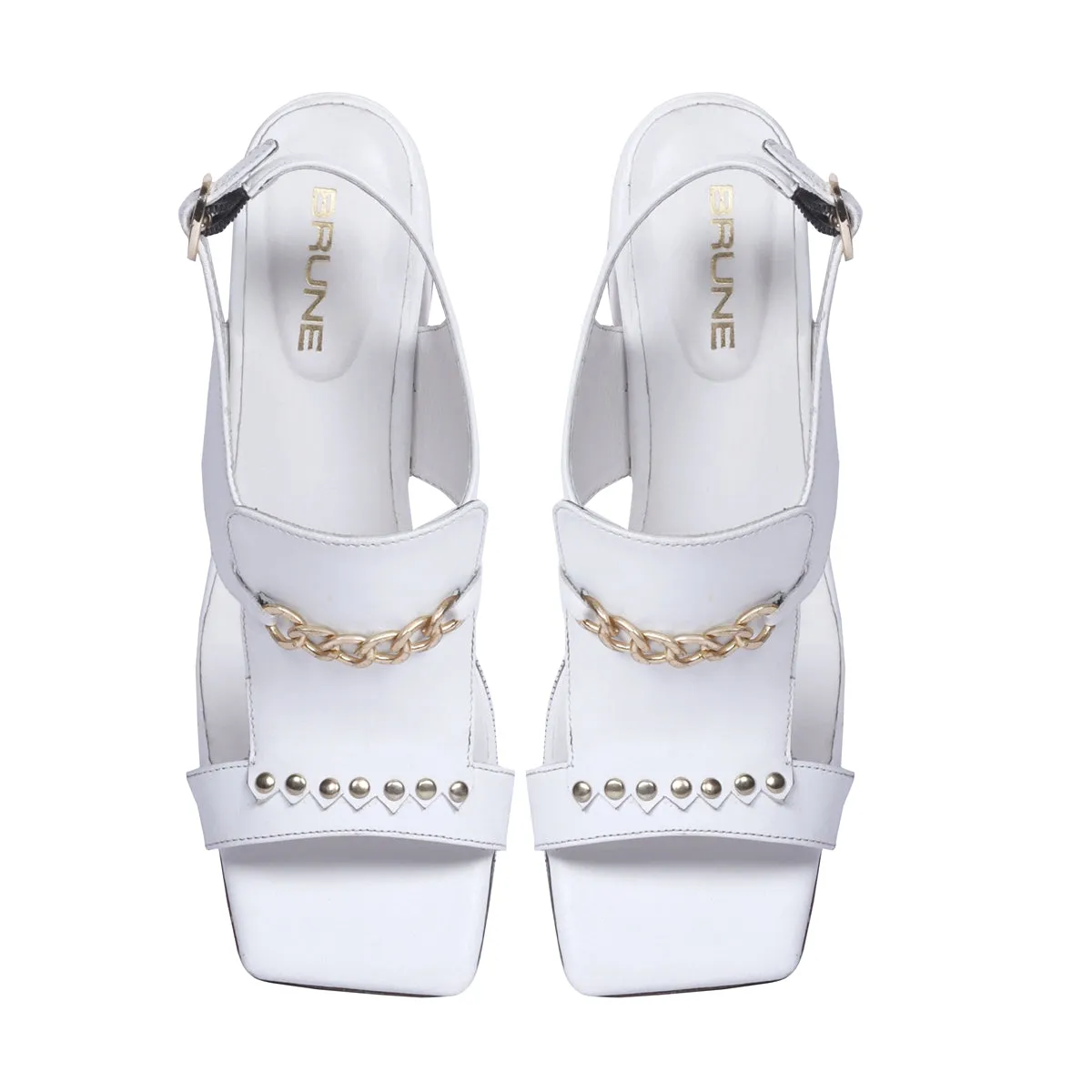 Light Weight Golden Chain Buckle Closure White Blocked Heel Sandals By Brune & Bareskin