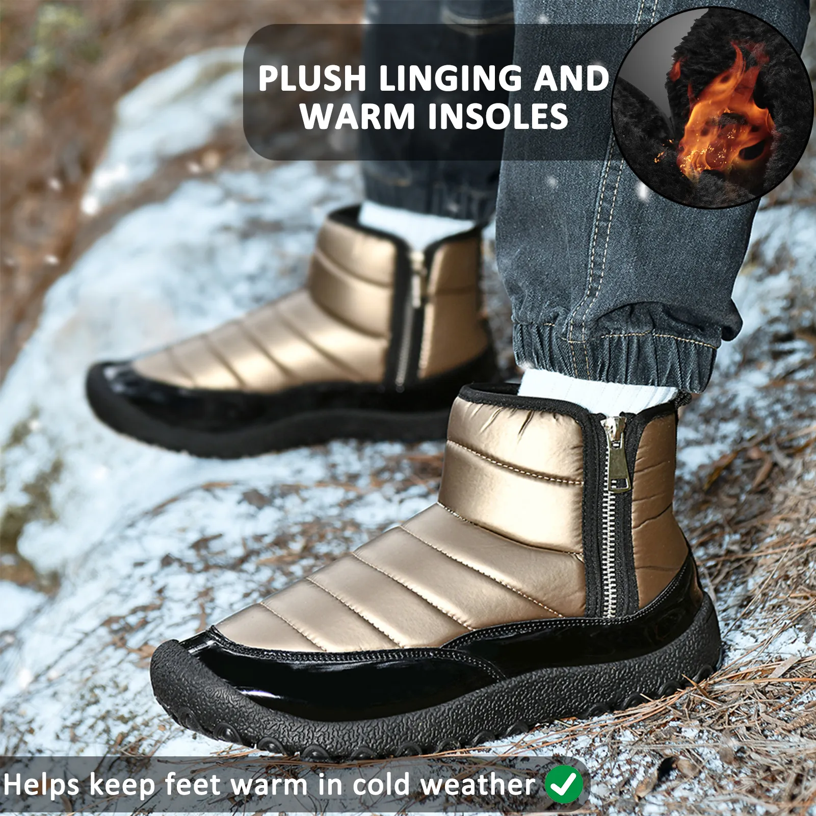 Men's Down Cloth Snow Boots Zipper Warm Outdoor Short Boots Hiking Shoes Footwear Non-slip & Waterproof Winter Barefoot Shoe