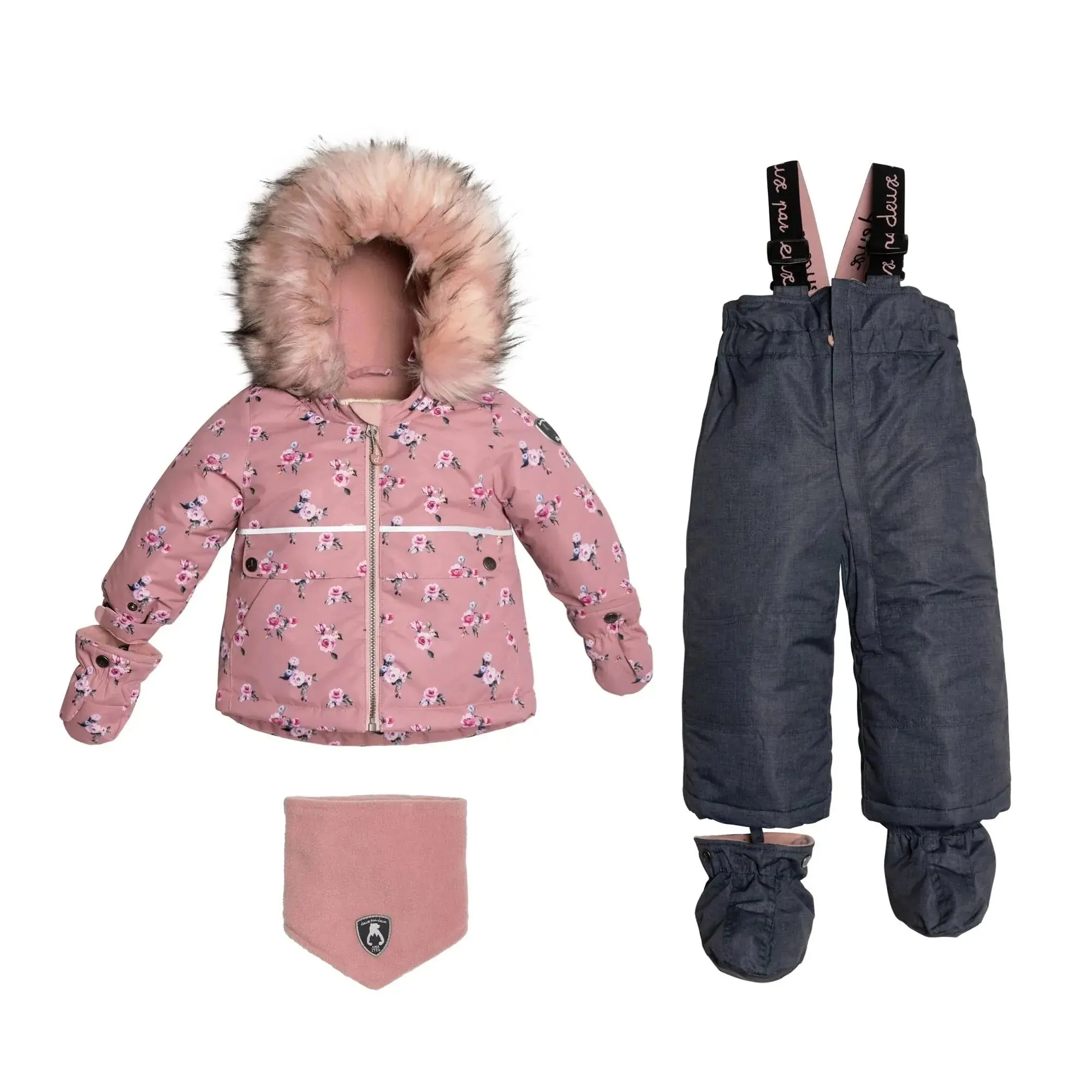 Printed Mini Roses Two Piece Girls Snowsuit With Solid Pant Dusty Rose | DEUX PAR DEUX