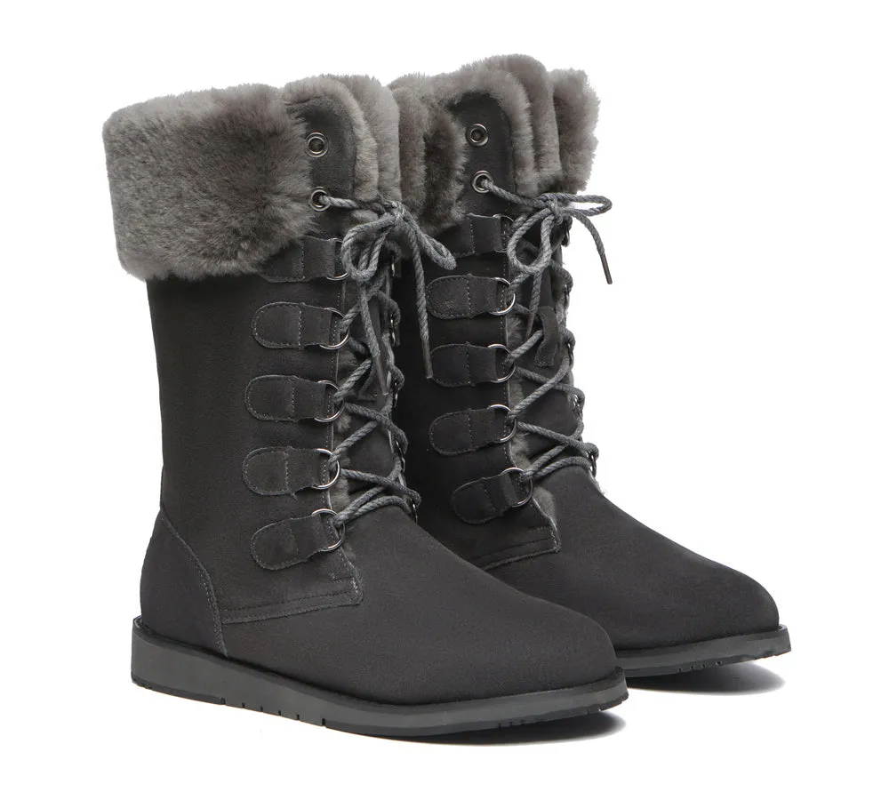 TARRAMARRA® UGG Boots Women Sheepskin Wool Lace Up Mid Calf Becky