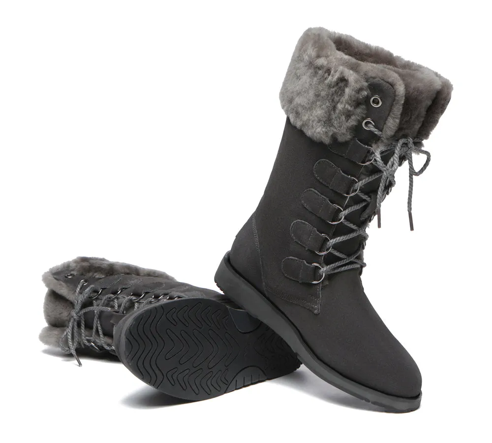 TARRAMARRA® UGG Boots Women Sheepskin Wool Lace Up Mid Calf Becky