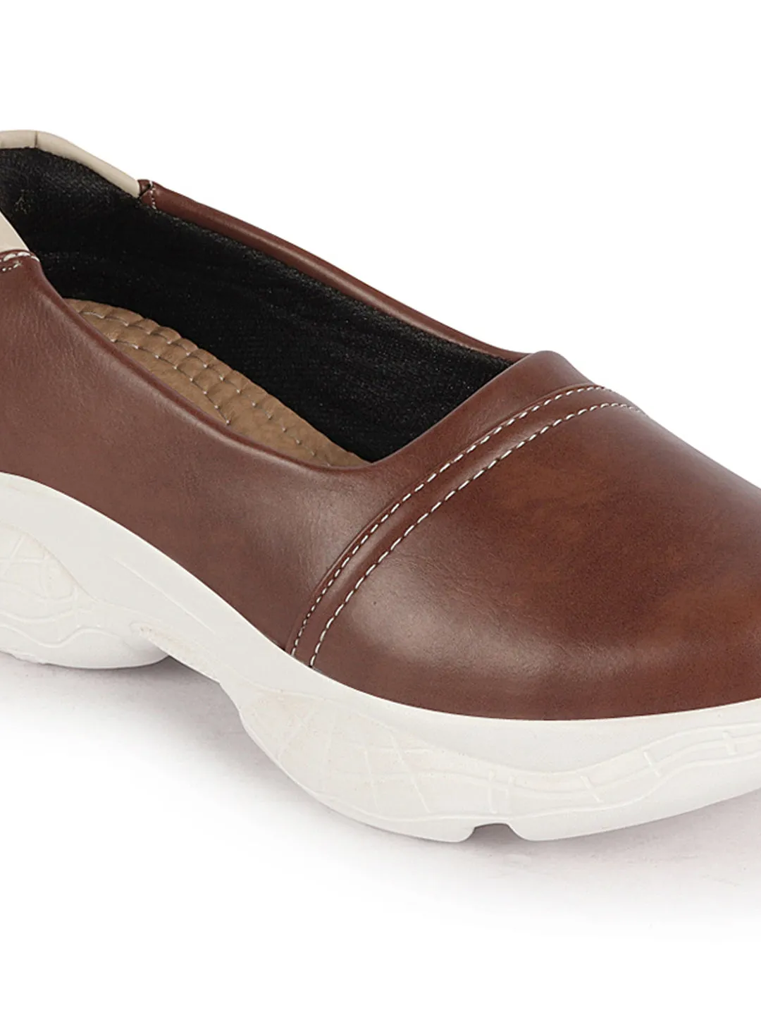 Women Brown Outdoor Fashion Stitched Design Slip On Shoes