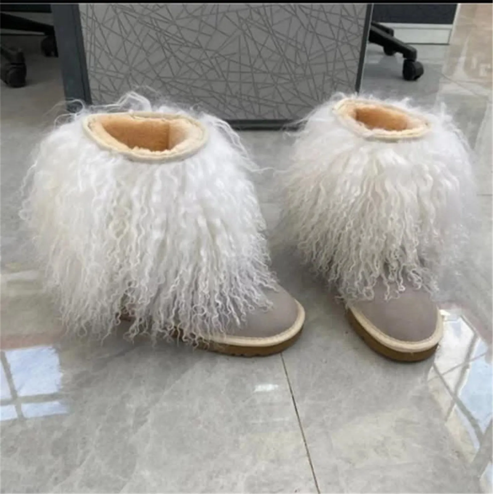 Women's Fluffy Real Mongolian Sheep Mid Half Hair Boot Furry Snow Boots With Comf Warm Booties With Wool Lining