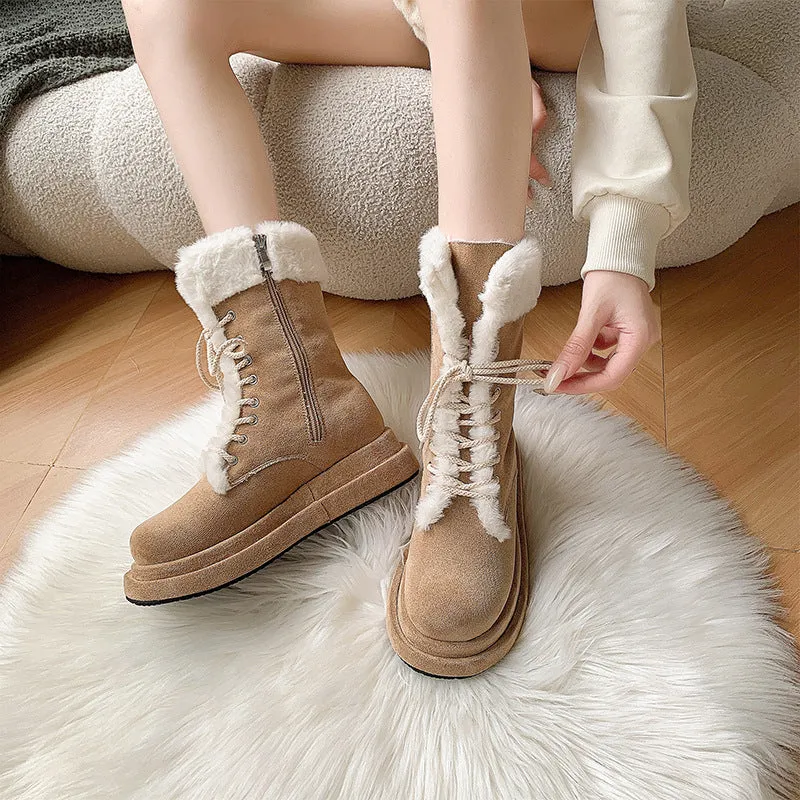 Womens Warm Winter Mid Calf Boots Plush Platform Lace Up Zip Snow Boots