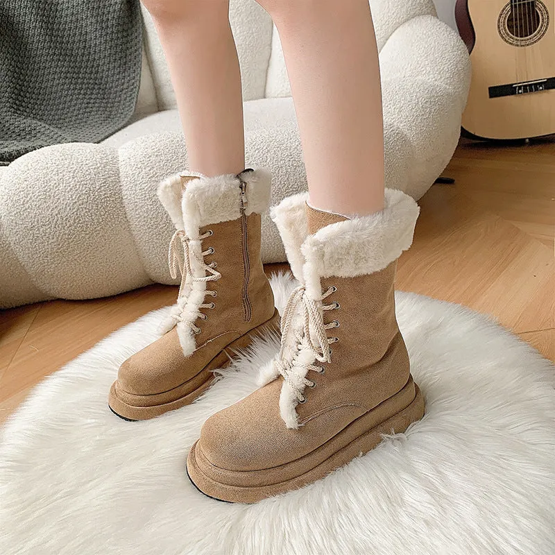 Womens Warm Winter Mid Calf Boots Plush Platform Lace Up Zip Snow Boots